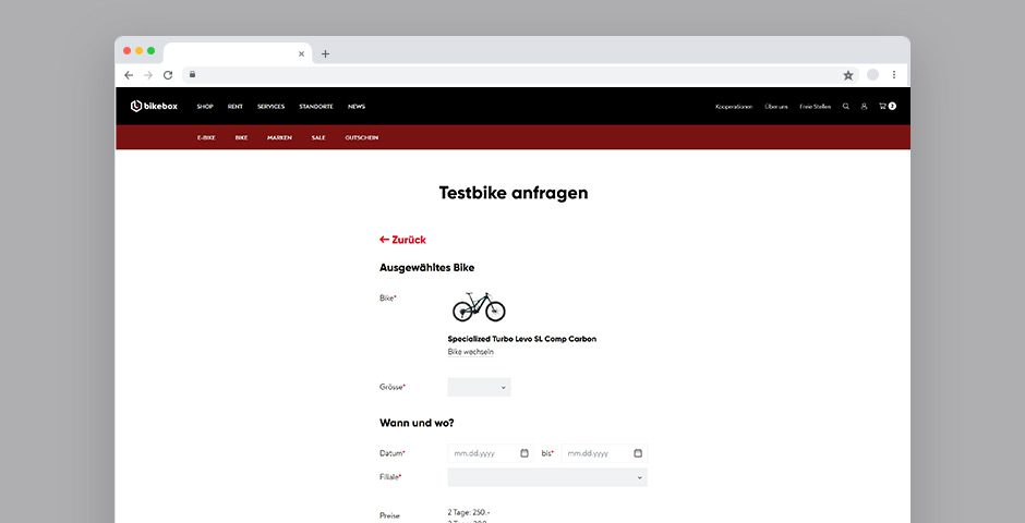 Testbike auf der Website BikeBox bestellen