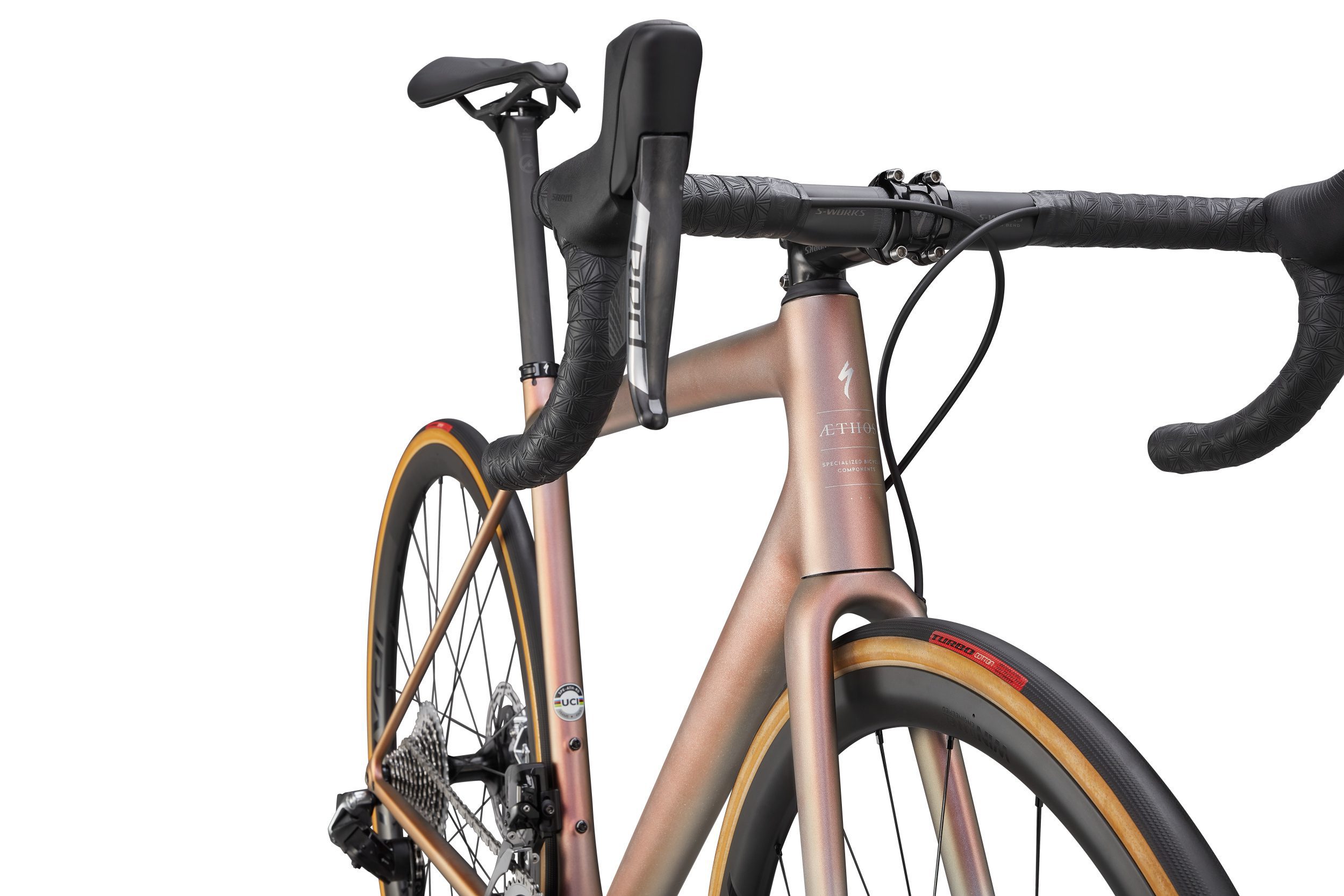 Specialized S-Works Aethos - SRAM Red ETap AXS 2021 Detailansicht in der Farbe Satin Flake Silver/Red Gold Chameleon Tint/Brushed Chrome