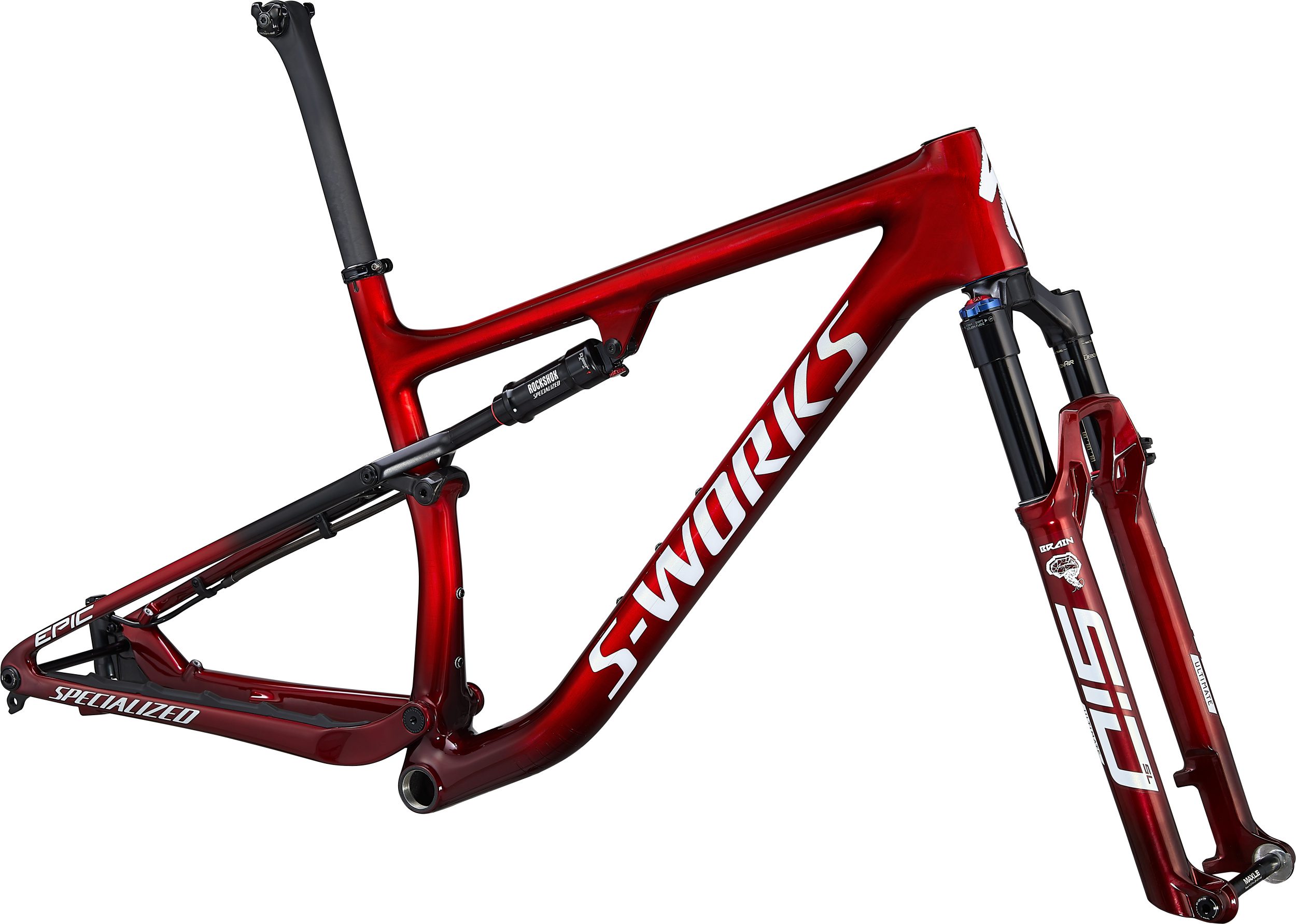 Specialized S-Works Epic Frameset 2021 Frontansicht in der Farbe Gloss Red Tint Fade Over Brushed Silver/Tarmac Black/White w/ Gold Pearl