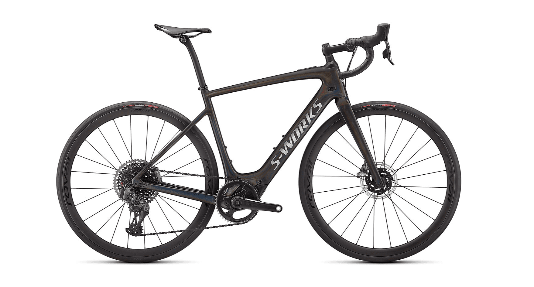 Specialized S-Works Turbo Creo SL 2021 Frontansicht in der Farbe Black Tint - Spectraflair / Satin Black/ Chrome