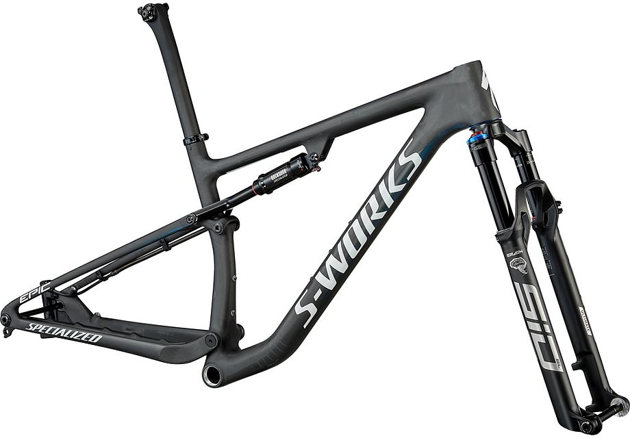 S-Works Epic Frameset 2022 Frontansicht in der Farbe SATIN CARBON / COLOR RUN BLUE MURANO PEARL / GLOSS CHROME FOIL LOGOS