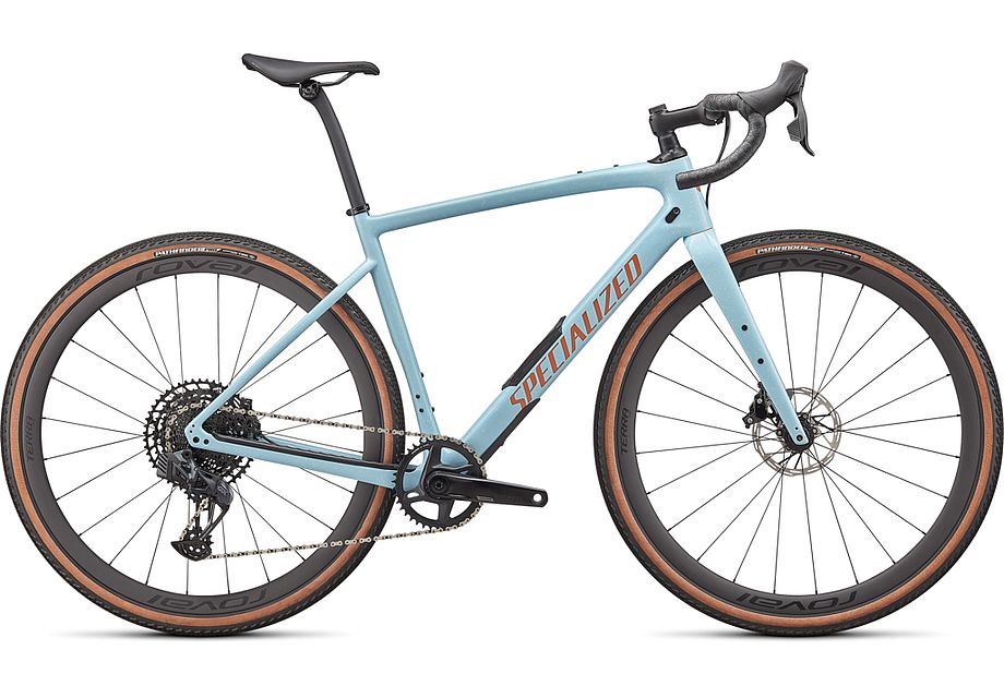 Diverge Expert Carbon 2022 Frontansicht in der Farbe Gloss Arctic Blue/Sand Speckle/Terra Cotta