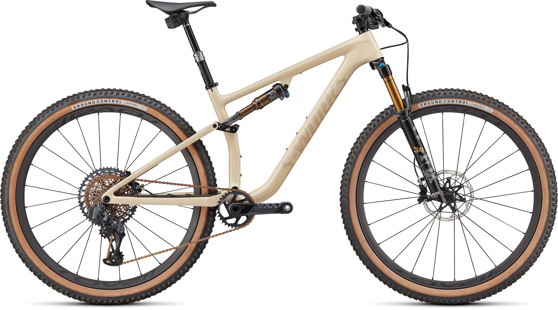 S-Works Epic Evo 2022 Frontansicht in der Farbe Gloss Sand / Satin Red Gold Tint