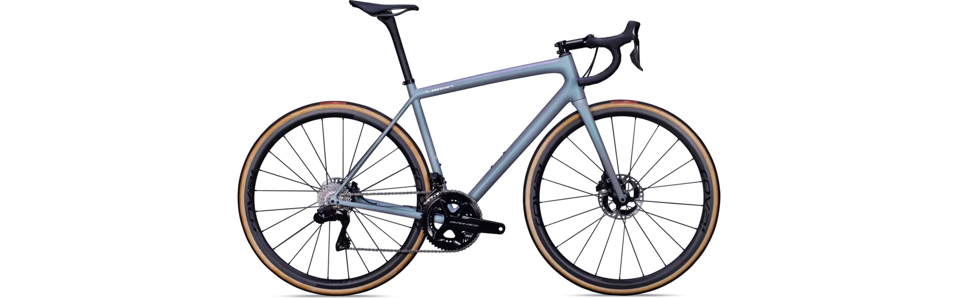 Specialized - S-Works Aethos - Dura-Ace Di2, 2022 Frontseite, in der Farbe Cool Grey / Chameleon Eyris Tint / Brushed Chrome